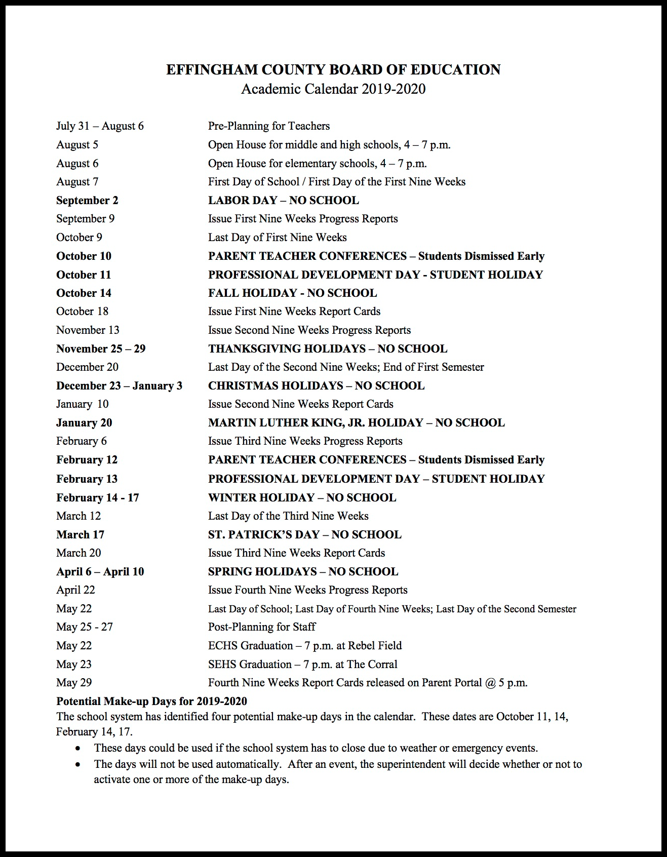 20192020 School Calendar EffinghamMoves